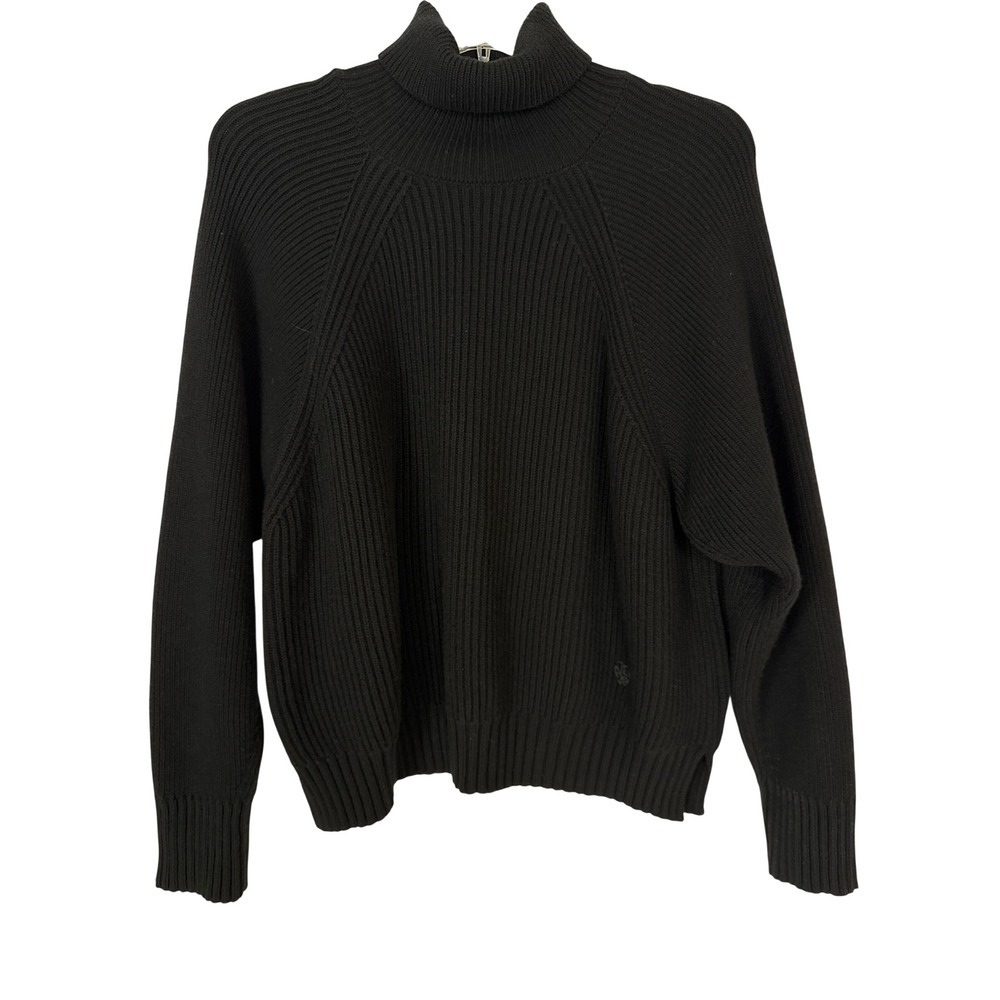 Tory Burch Roll Neck Sweater Women XL Black 100% Wool Raglan Sleeves Chunky Knit